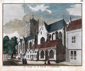 879142 Gezicht op de Jacobikerk op het Jacobskerkhof te Utrecht uit het zuidoosten.N.B. Prent van Caspar Philips uit ...